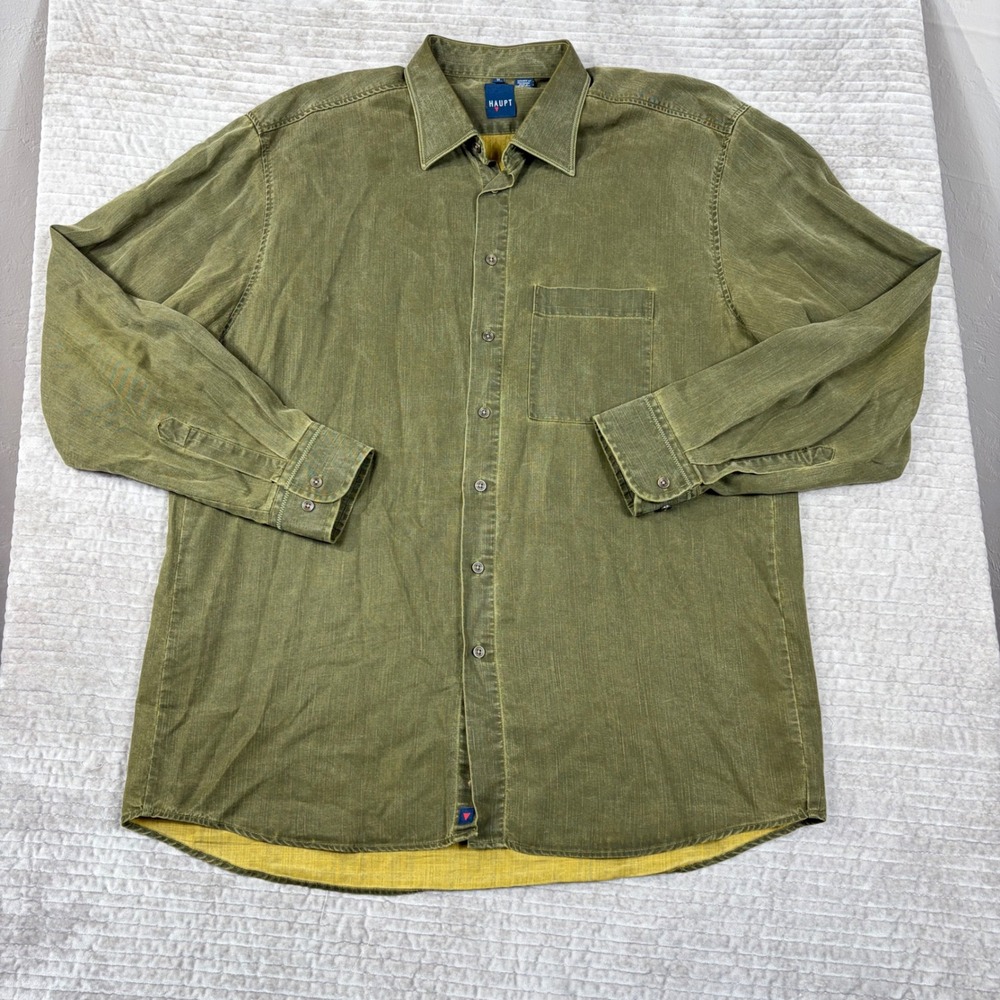 Haupt Mens XL Olive Green Button Down Shirt Long Sleeve Textured Made in Poland